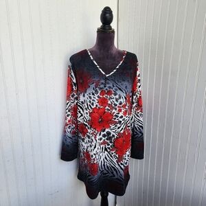 NWT Shana K Floral Knit Print Long Sleeve Stretch Top Zebra Red Floral Tunic XL